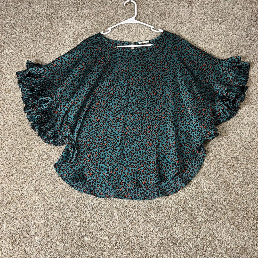 Jodifl Womens Teal Green Orange Leopard Print Ruffle Sleeve Poncho Blouse Small